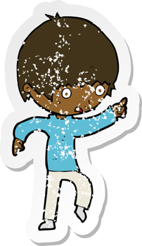 retro distressed sticker of a cartoon worried boy pointing png