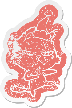 tough quirky cartoon distressed sticker of a cat wearing santa hat png
