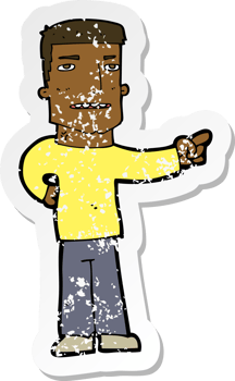 retro distressed sticker of a cartoon man pointing png