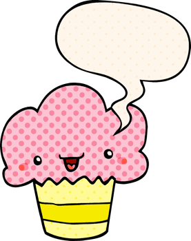 cartoon cupcake with face with speech bubble in comic book style png