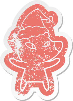 cute quirky cartoon distressed sticker of a bear wearing santa hat png