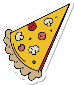 sticker of a quirky hand drawn cartoon slice of pizza png