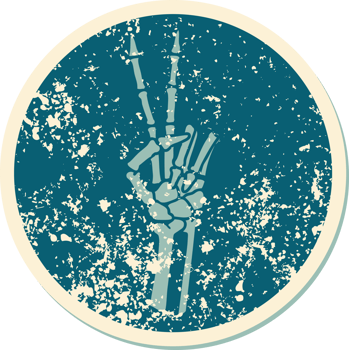 iconic distressed sticker tattoo style image of a skeleton giving a peace sign png