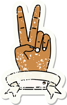 Retro Tattoo Style peace two finger hand gesture with banner png