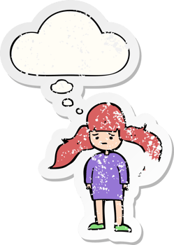 cartoon girl with long hair with thought bubble as a distressed worn sticker png
