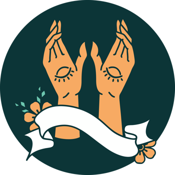 tattoo style icon with banner of mystic hands png