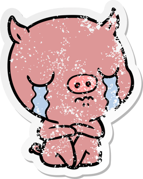 distressed sticker of a cartoon sitting pig crying png
