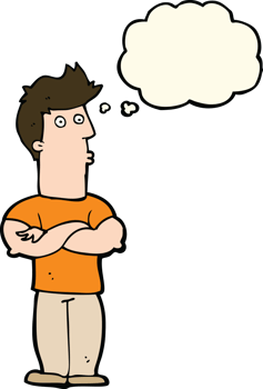 cartoon man with folded arms with thought bubble png