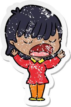 distressed sticker of a cartoon woman talking loudly png