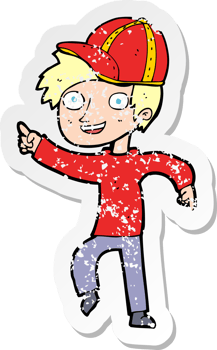 retro distressed sticker of a cartoon boy in cap pointing png