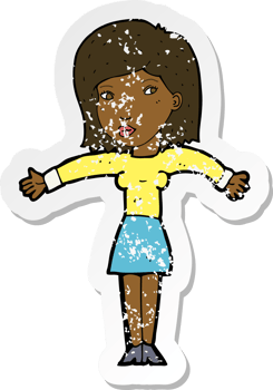 retro distressed sticker of a cartoon woman shrugging shoulders png