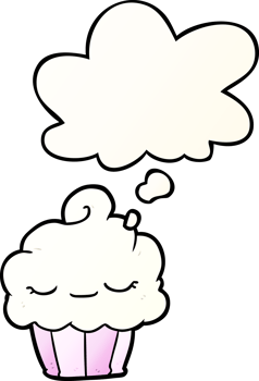 cartoon cupcake with thought bubble in smooth gradient style png