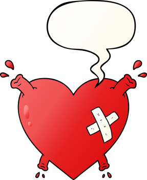 cartoon heart squirting blood with speech bubble in smooth gradient style png