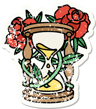 distressed sticker tattoo in traditional style of an hour glass and flowers png