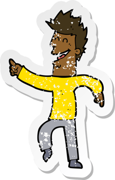 retro distressed sticker of a cartoon man pointing and laughing png