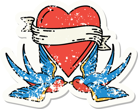 distressed sticker tattoo in traditional style of swallows and a heart with banner png