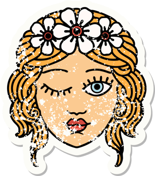 distressed sticker tattoo in traditional style of a maidens face winking png