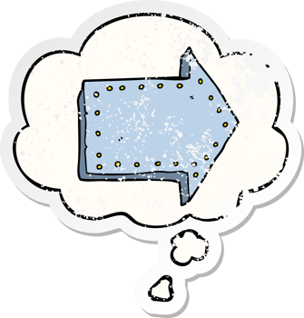 cartoon pointing arrow with thought bubble as a distressed worn sticker png