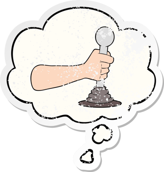 cartoon hand pulling lever with thought bubble as a distressed worn sticker png