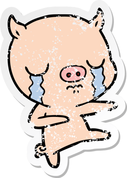 distressed sticker of a cartoon pig crying png