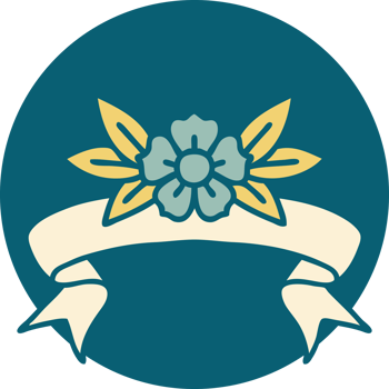 tattoo style icon with banner of a flower png