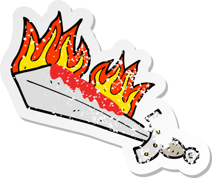 retro distressed sticker of a cartoon flaming sword png