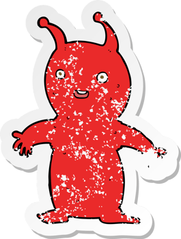 retro distressed sticker of a cartoon happy little alien drawing png