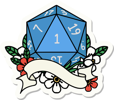 sticker of a natural one d20 dice roll png