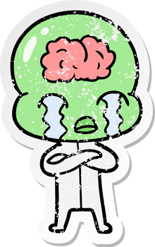 distressed sticker of a cartoon big brain alien crying png