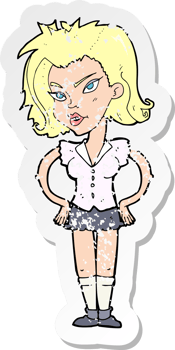 retro distressed sticker of a cartoon woman with hands on hips png