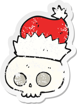 retro distressed sticker of a cartoon skull wearing christmas hat png