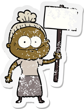 distressed sticker of a cartoon happy old woman png