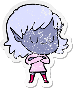distressed sticker of a happy cartoon elf girl png