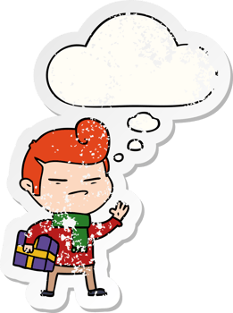 cartoon cool guy with fashion hair cut and thought bubble as a distressed worn sticker png