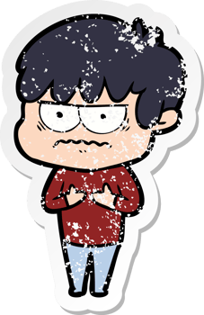 distressed sticker of a annoyed cartoon boy png