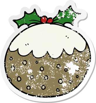 distressed sticker of a cartoon christmas pudding png