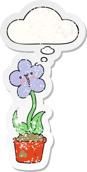 cute cartoon flower and thought bubble as a distressed worn sticker png