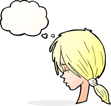 cartoon girl looking thoughtful with thought bubble png