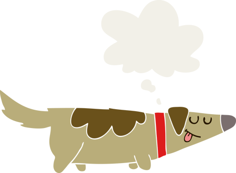 cartoon dog with thought bubble in retro style png