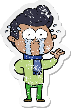 distressed sticker of a cartoon crying man png