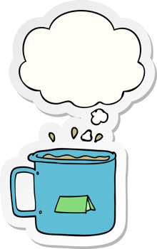cartoon camping mug with thought bubble as a printed sticker png