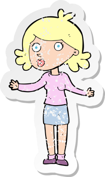 retro distressed sticker of a cartoon confused woman drawing png
