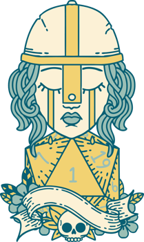 Retro Tattoo Style crying human fighter with natural one D20 dice roll png