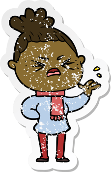 distressed sticker of a cartoon angry woman png