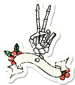 worn old sticker with banner of a skeleton giving a peace sign png