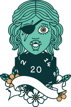 Retro Tattoo Style half orc rogue with natural twenty dice roll png