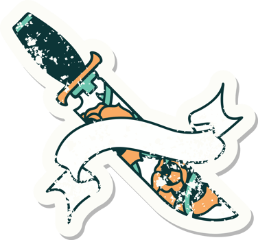worn old sticker with banner of a dagger and flowers png