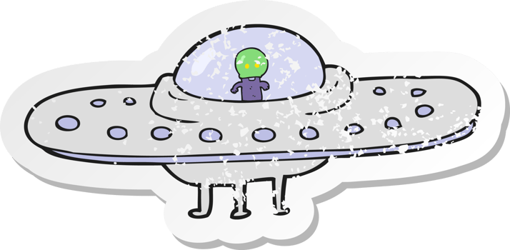 retro distressed sticker of a cartoon flying saucer png