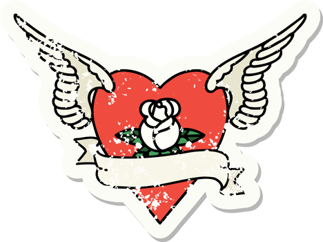 distressed sticker tattoo in traditional style of heart with wings a rose and banner png