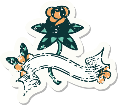 worn old sticker with banner of rose png
